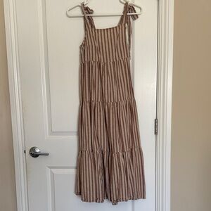 Rylee + Cru Brown & Cream Striped Tie-Shoulder Tiered Maxi Dress